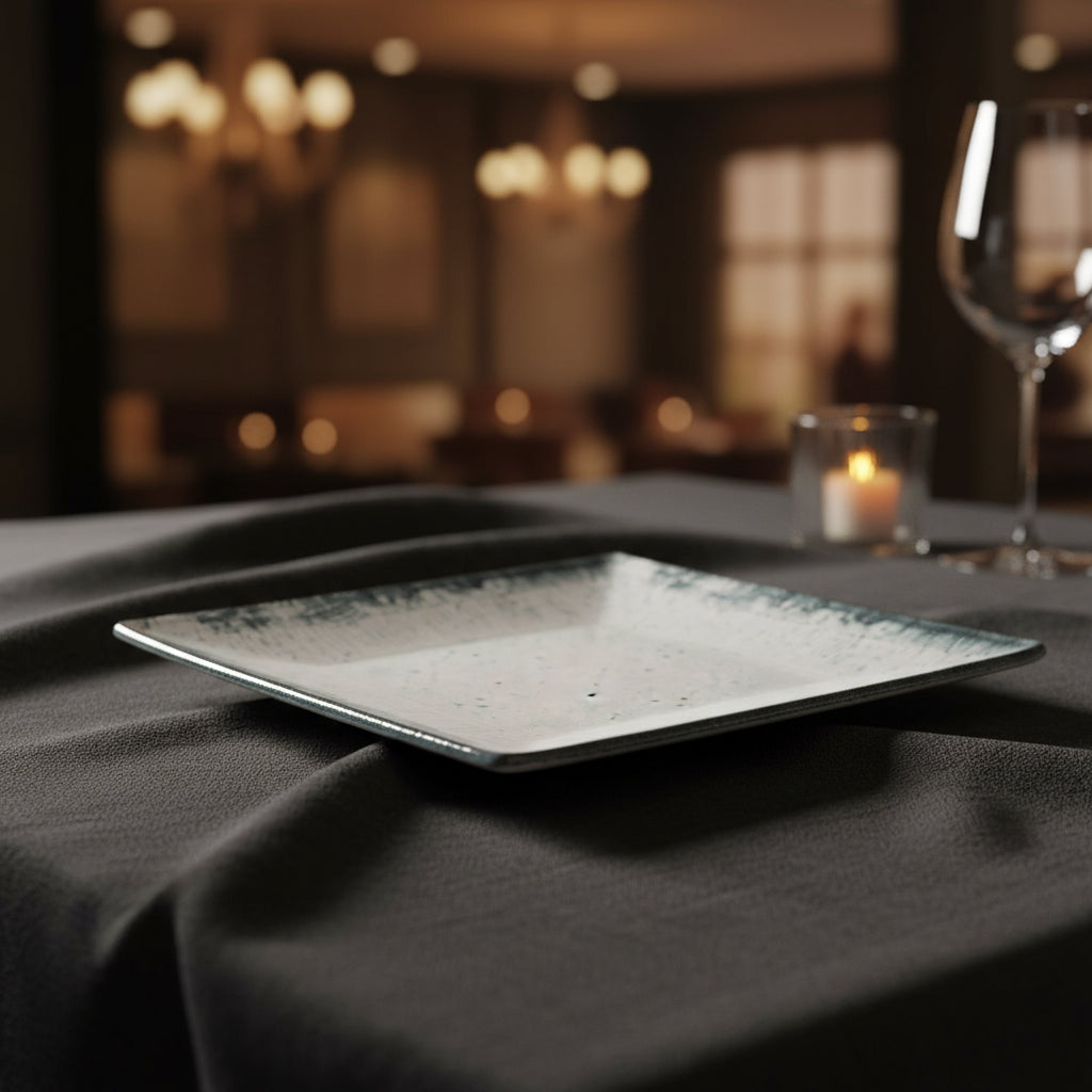 A square ceramic plate with a distressed, rustic design, featuring a textured off-white center and a dark charcoal gray border with subtle blue-green speckles.