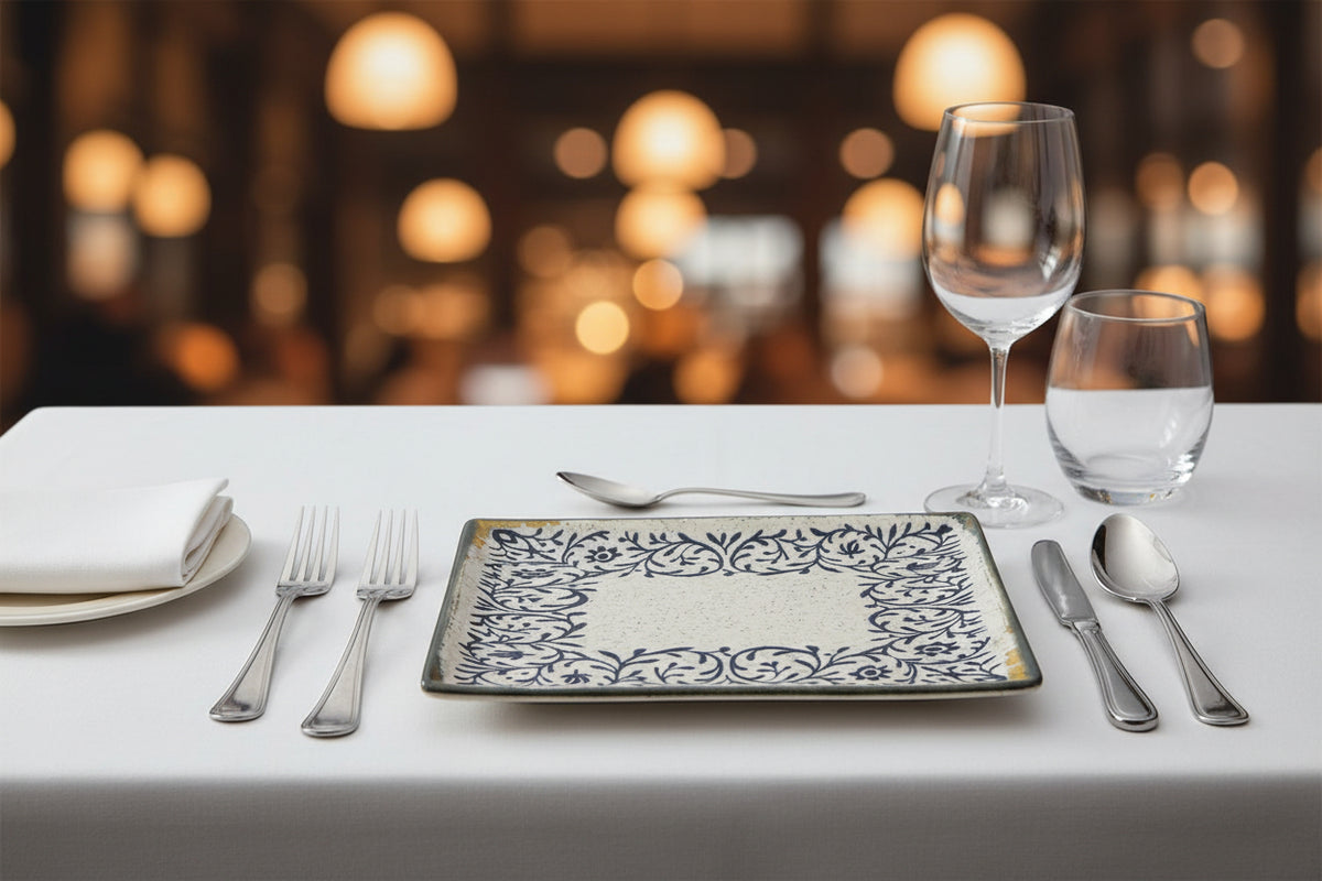 A rectangular ceramic plate with a speckled off-white glaze, featuring a dark blue floral and vine border pattern and a rustic gold-toned rim.
