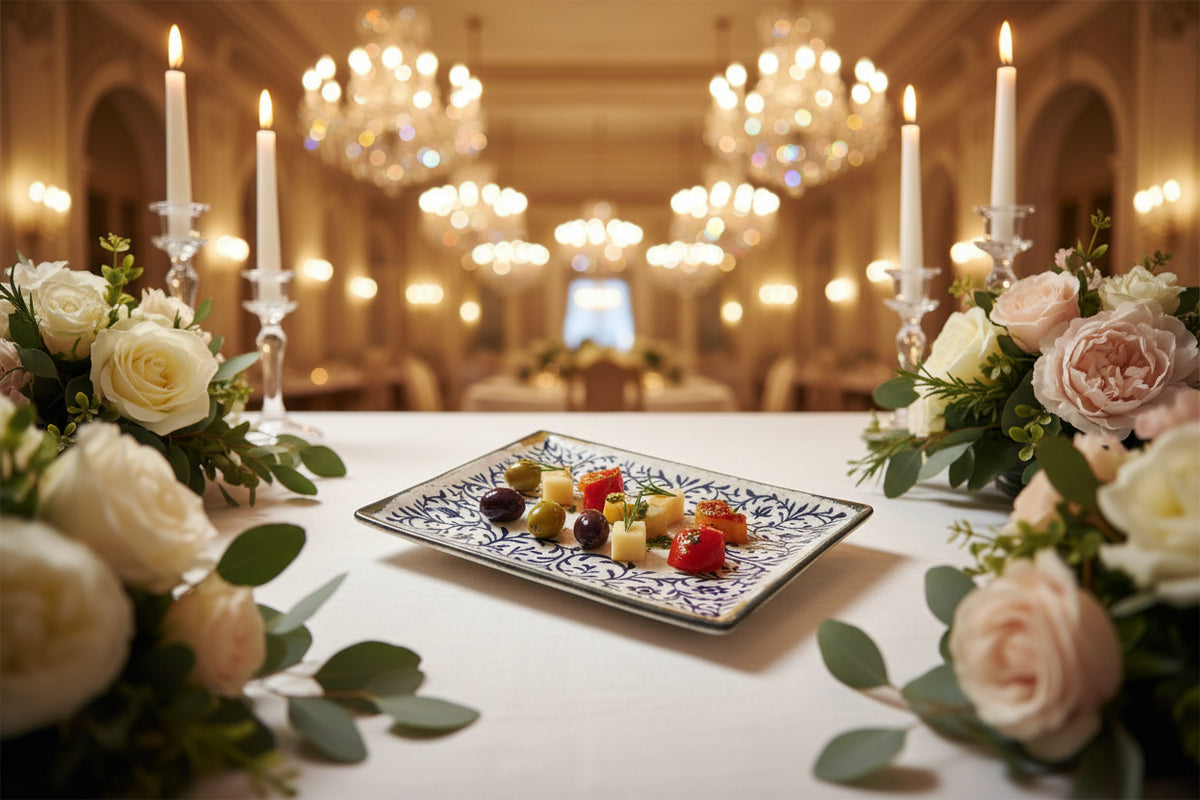 A rectangular ceramic plate with a speckled off-white glaze, featuring a dark blue floral and vine border pattern and a rustic gold-toned rim.
