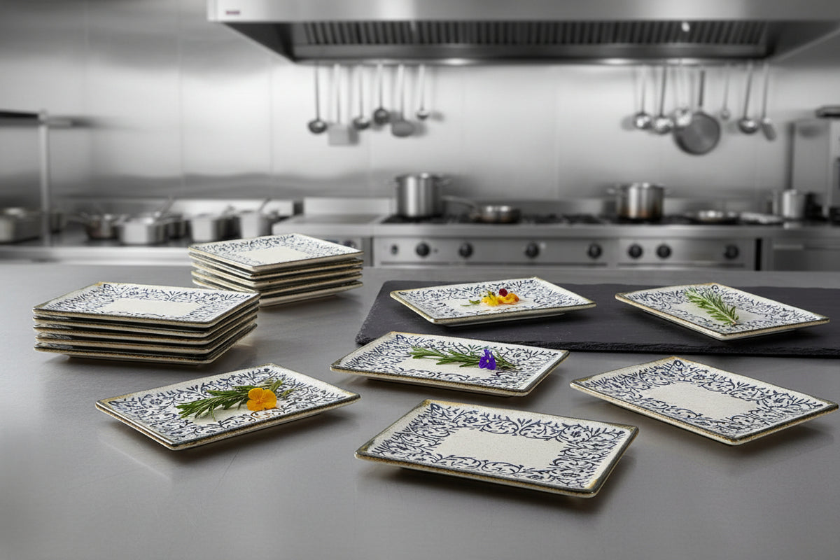 A rectangular ceramic plate with a speckled off-white glaze, featuring a dark blue floral and vine border pattern and a rustic gold-toned rim.