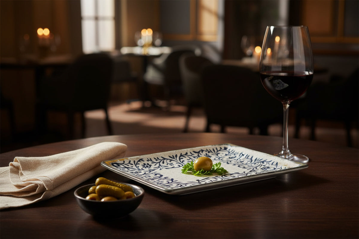 A rectangular ceramic plate with a speckled off-white glaze, featuring a dark blue floral and vine border pattern and a rustic gold-toned rim.
