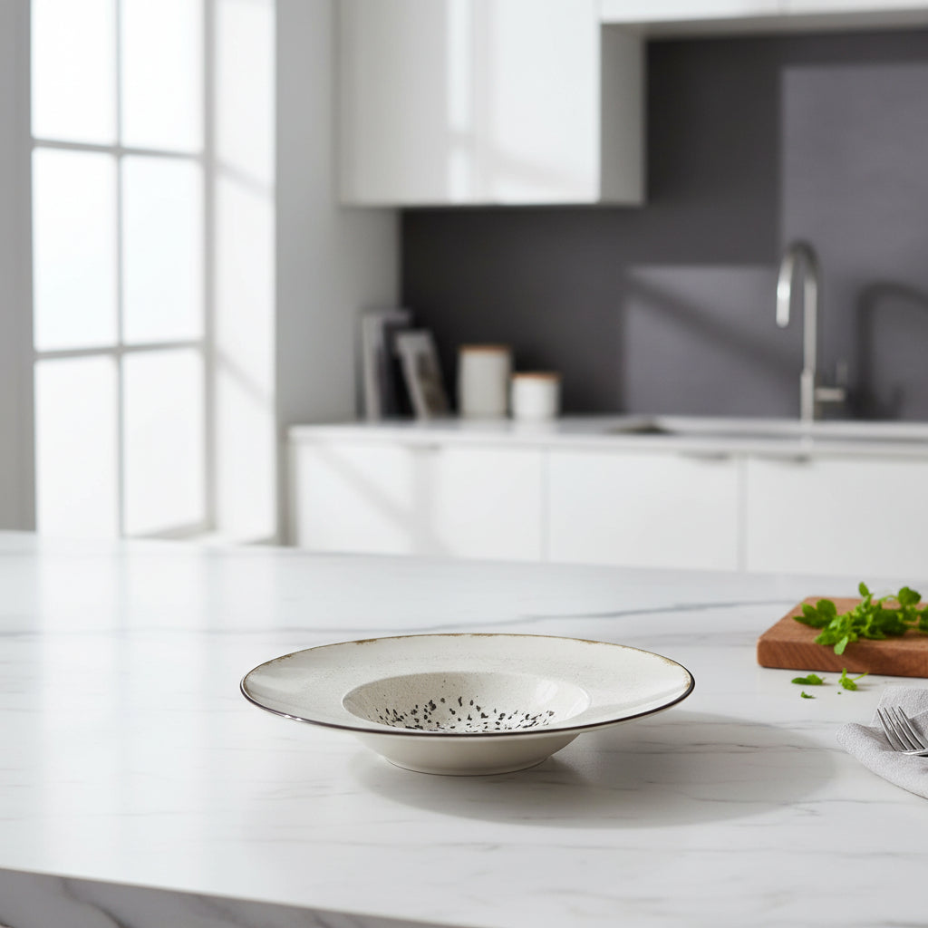 A wide, shallow ceramic bowl with a speckled off-white interior and a rustic dark rim, shown from a top-down view alongside a smaller side profile view on a white background.
