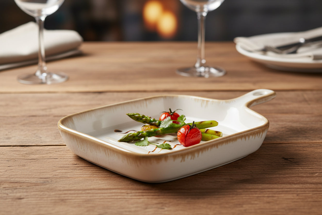 Milky Cream Square dish With Handle 21.5x15.2cm