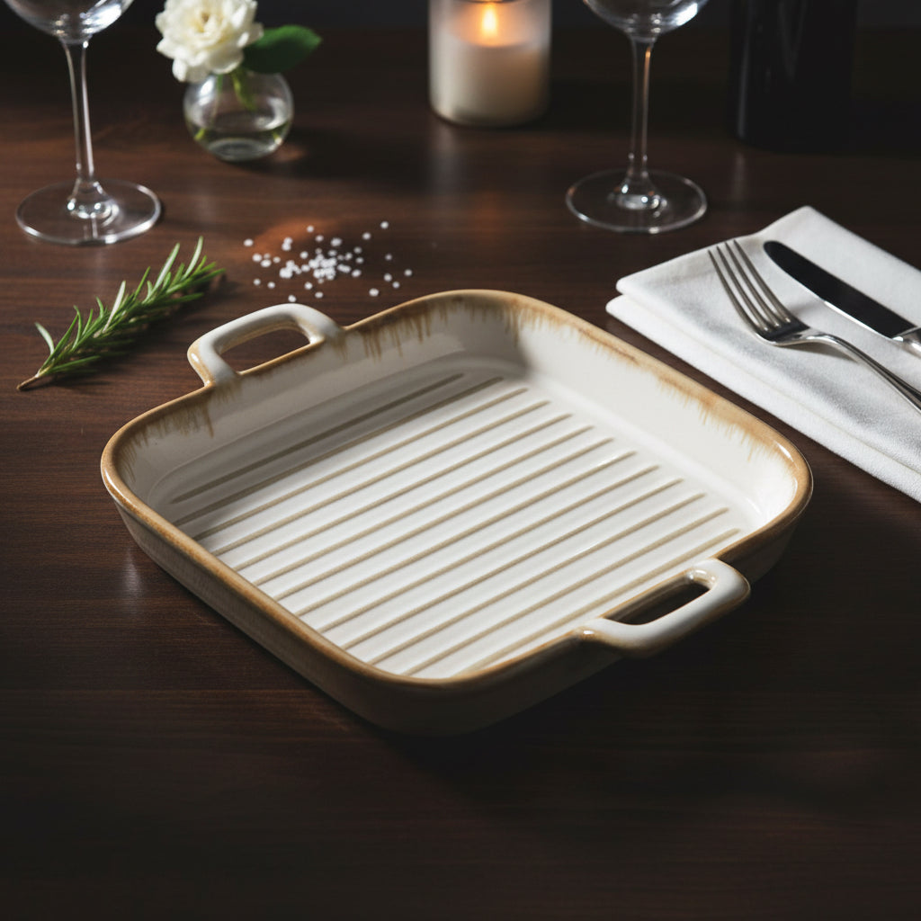 Milky Cream Rectangular Lasagna dish With Handles 19x20cm