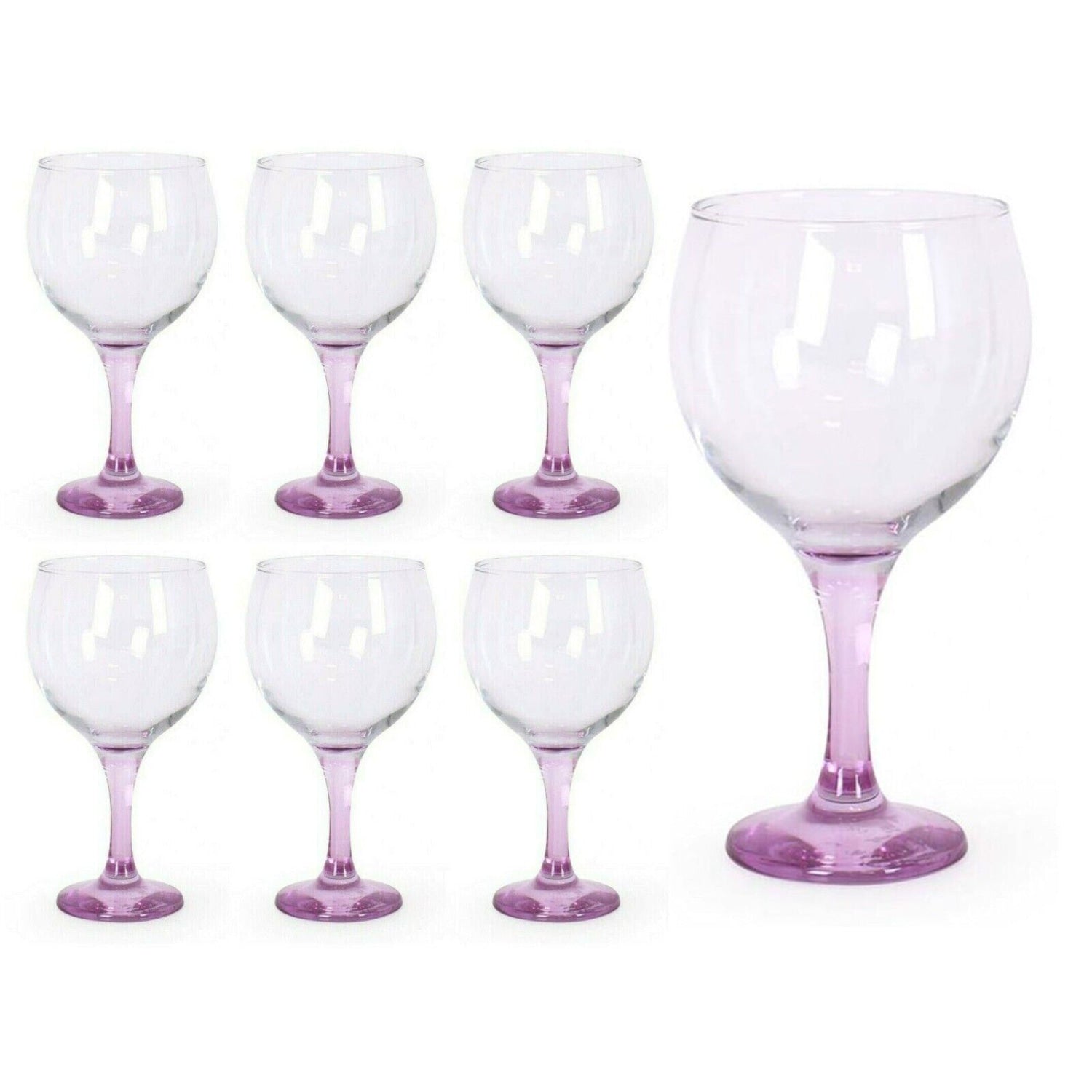 Set of clear wine glasses with purple stems.