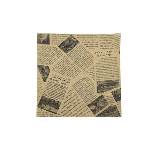 Light brown Graseproof Paper with vintage newspaper print in 20x20cm pack of 50