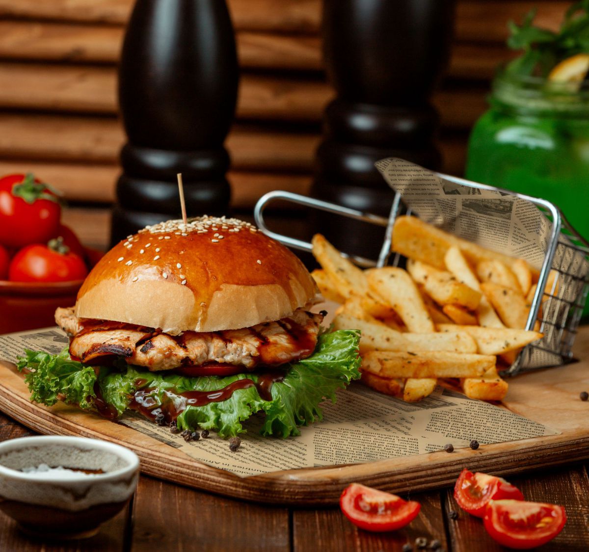 Grilled chicken sandwich with lettuce and sauce served with fries on Graseproof Paper 20x20cm Pack of 50 Brown