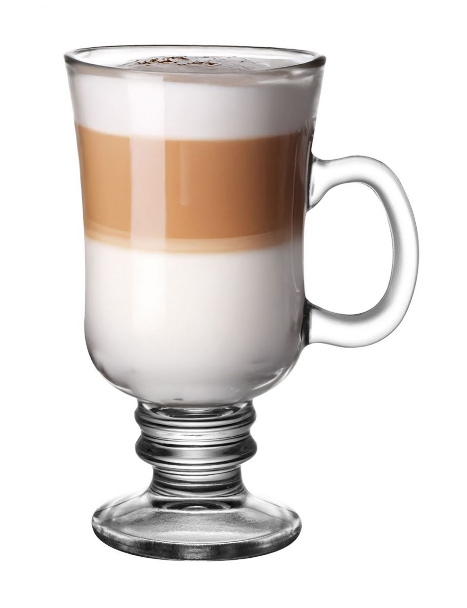 Clear glass Irish Coffee latte glass with handle and pedestal base filled with layered latte