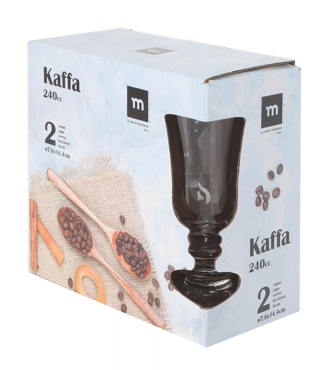 Light blue and white box of two dark brown glass Irish Coffee latte glasses 240ml Kaffa