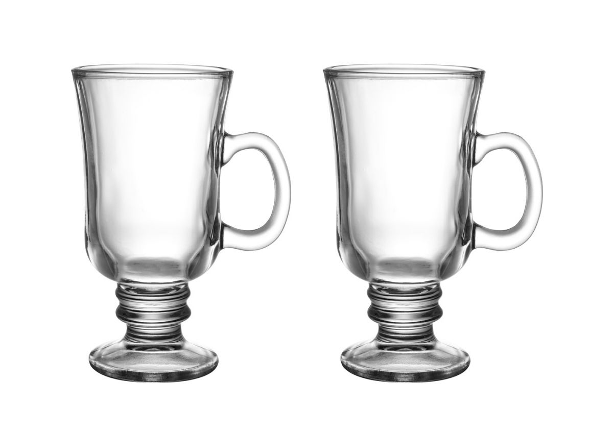 Two clear glass Irish coffee latte glasses with handles and pedestals displayed for Kaffa