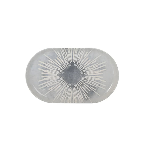 Oval decorative tray with starburst pattern from Ivar Stoneware Grey Irys design