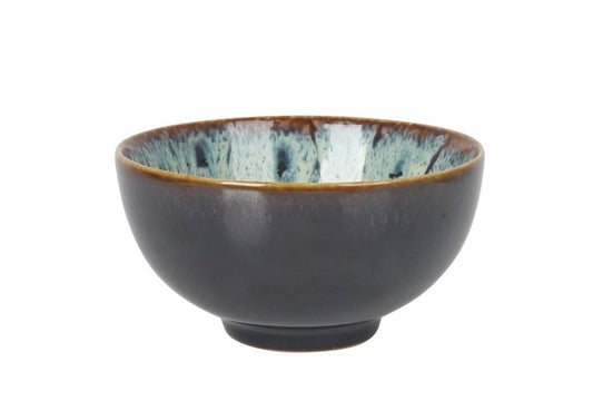 Dark stoneware Japo Bowl with blue-green and brown reactive glaze interior and rim