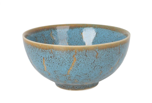 Blue ceramic Japo Bowl with textured crackle glaze and light brown rim