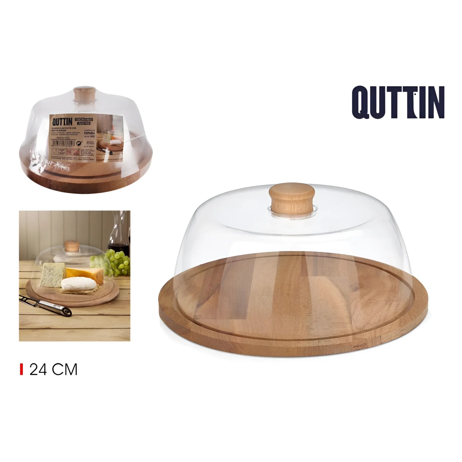 Kitchen Storage Container wood base + plastic lid cake cheese stand 24cm