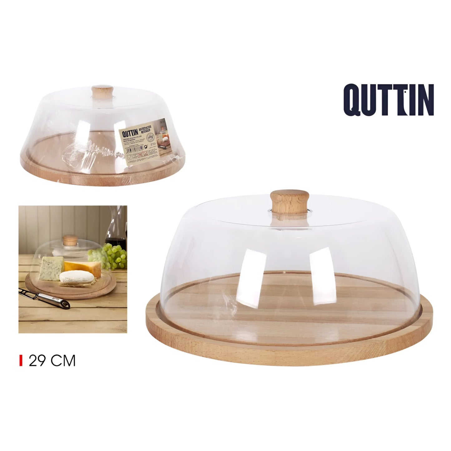 Kitchen Storage Container wood base + plastic lid cake cheese stand 29cm