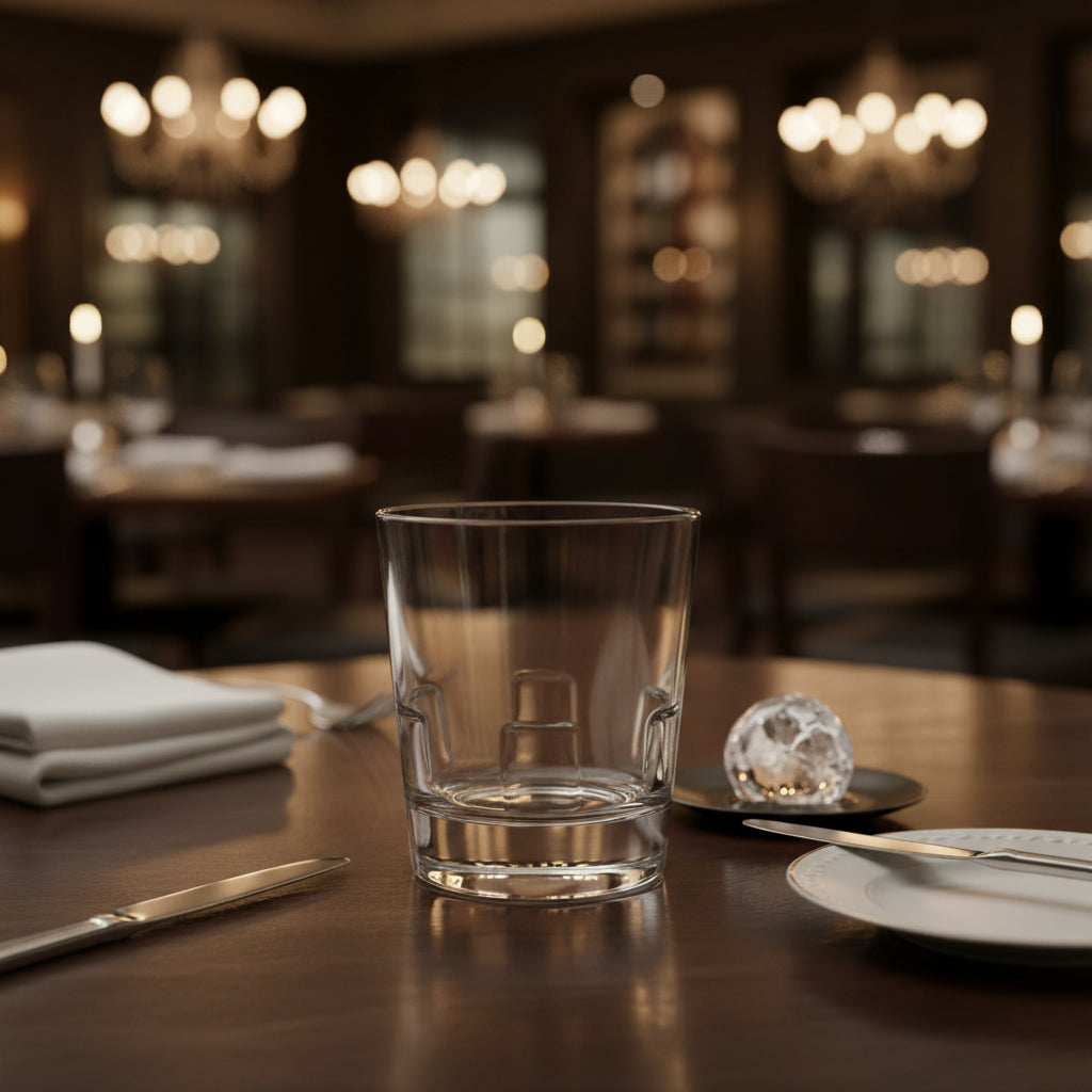 A clear glass rocks tumbler with a geometric, faceted pattern around the middle, shown on a solid white background.