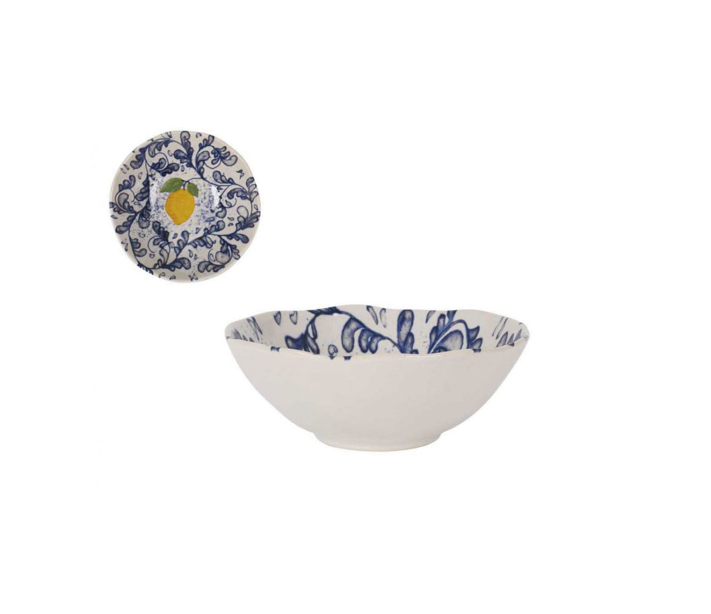 White ceramic bowl with blue floral patterns and a matching plate with yellow lemon design