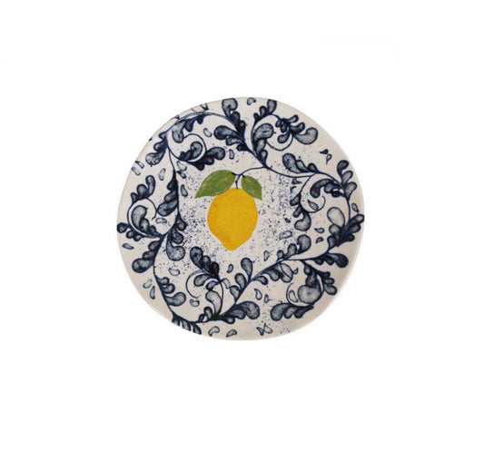 Round ceramic Limoi Iberica dessert plate with blue floral design and yellow lemon center