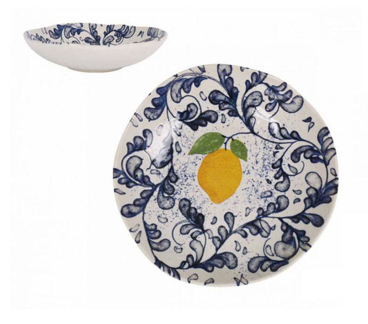 Ceramic dinnerware set with blue scrollwork and lemon design for Limoi Iberica pasta bowls