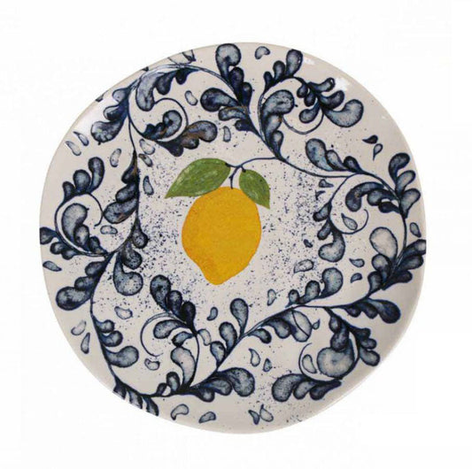 White ceramic Limoi Iberica 26cm dinner plate with hand-painted lemon and blue floral design