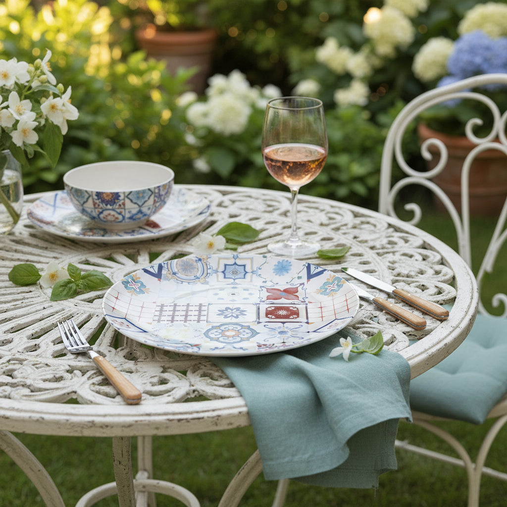 A round decorative plate featuring a patchwork design of colorful Mediterranean-style ceramic tiles on a white background.