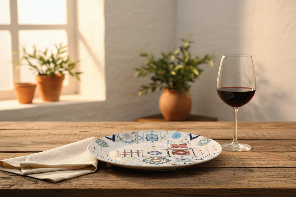 A round decorative plate featuring a patchwork design of colorful Mediterranean-style ceramic tiles on a white background.