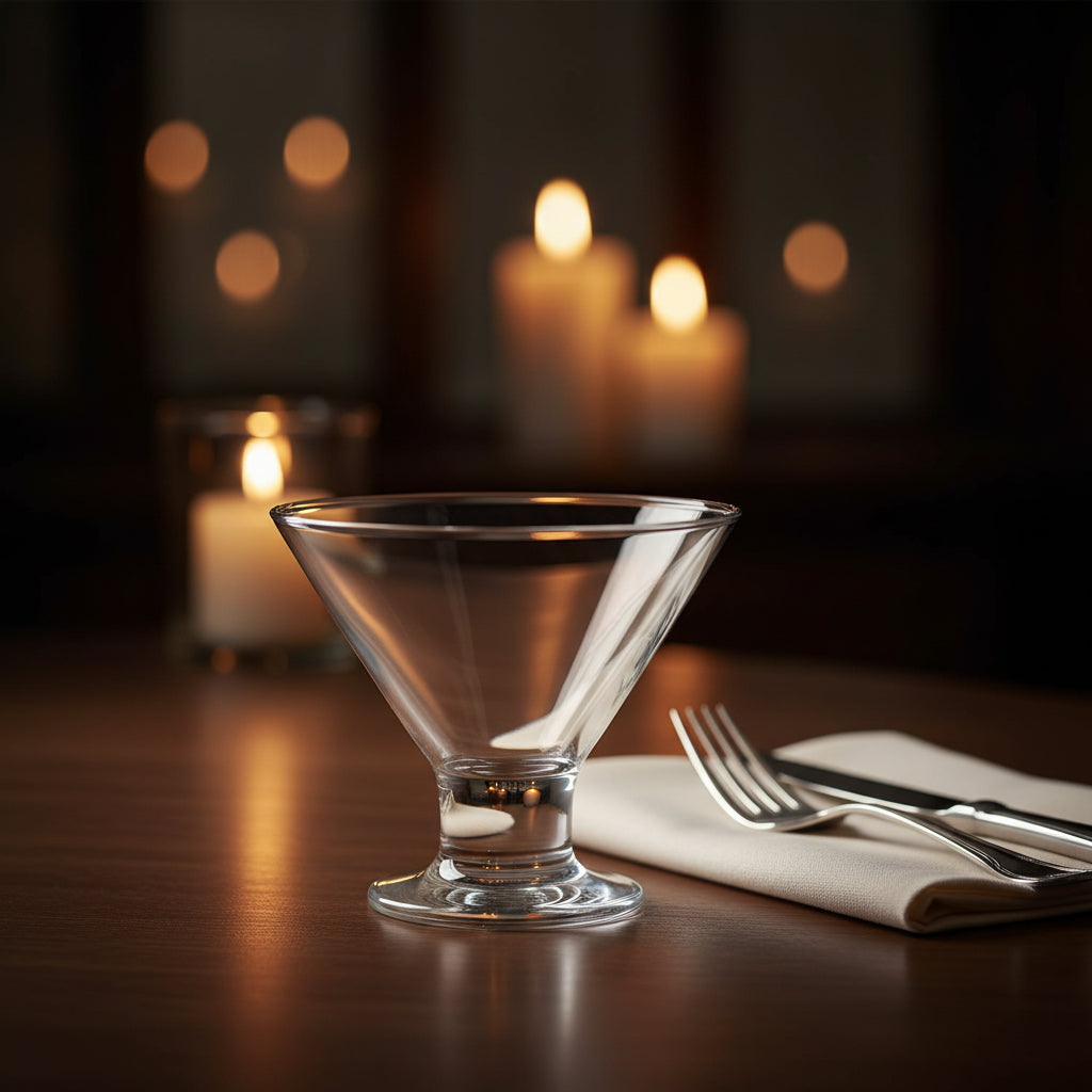Clear martini glass on a white background