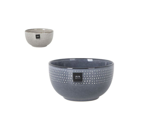 Stoneware bowls in gray and beige with textured dotted pattern and square logo patch