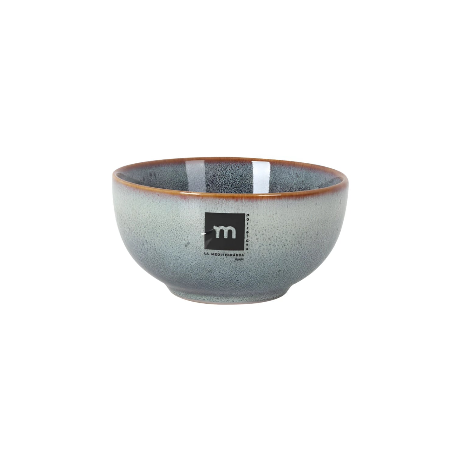 Melow stoneware bowl 11x7x6.6cm with speckled gray glaze, brown rim, Le Méditerranée Japan m logo