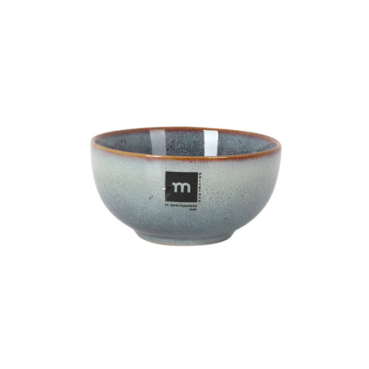Melow stoneware bowl 11x7x6.6cm with speckled gray glaze, brown rim, Le Méditerranée Japan m logo