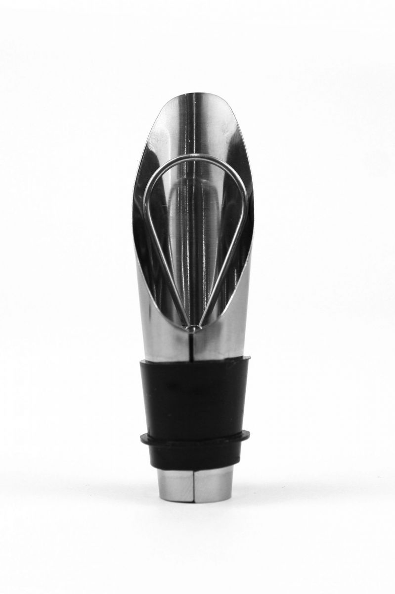 Stainless steel wine aerator with black rubber stopper for enhanced wine flavor