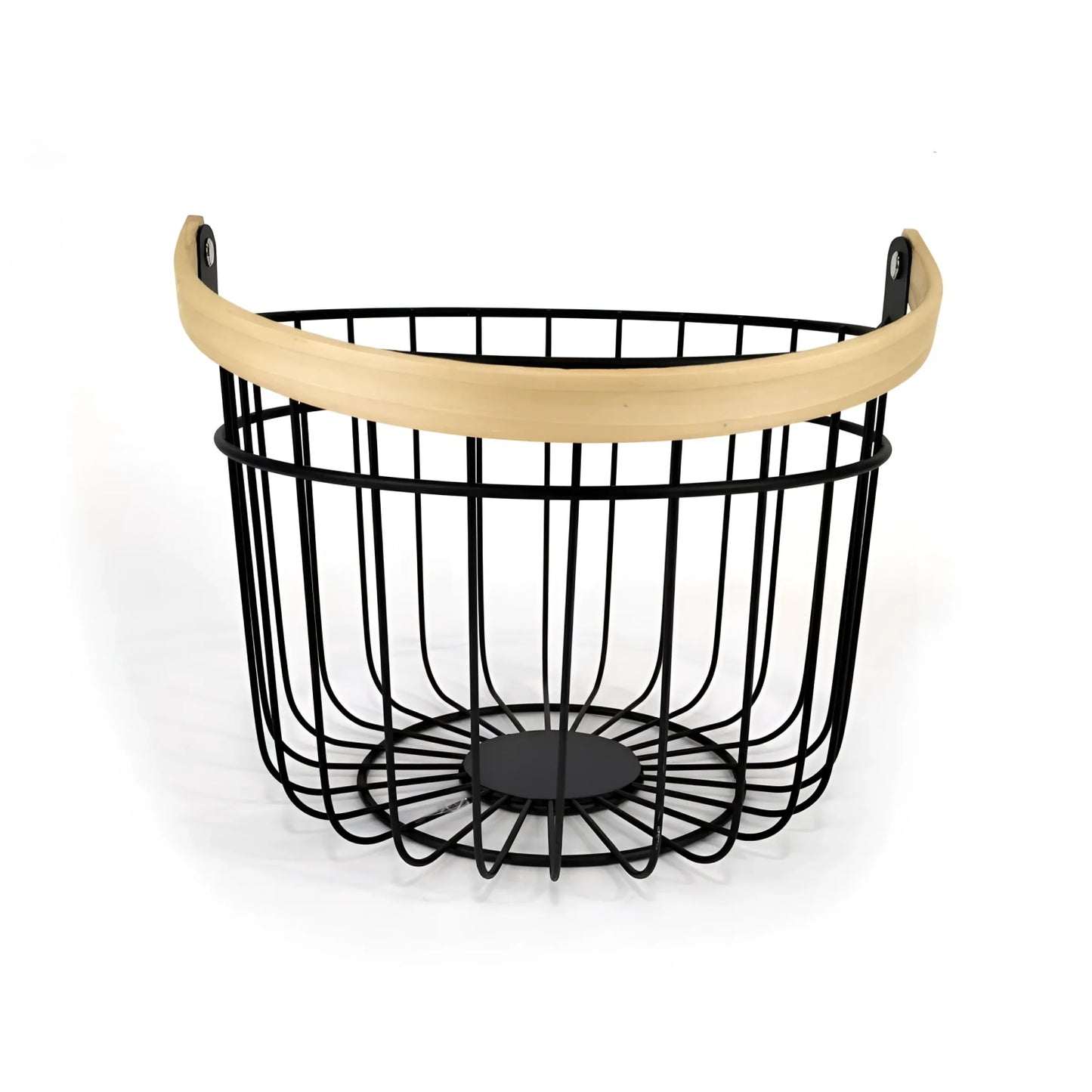 Metal Basket Black kitchen home organizer fruit wood handle bathroom bedroom wardrobes 26cm ROUND