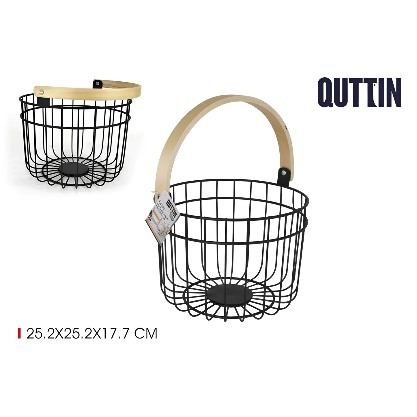 Metal Basket Black kitchen home organizer fruit wood handle bathroom bedroom wardrobes 26cm ROUND