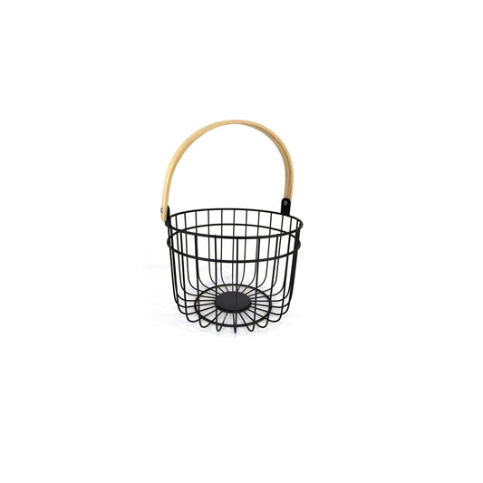Metal Basket Black kitchen home organizer fruit wood handle bathroom bedroom wardrobes 26cm ROUND