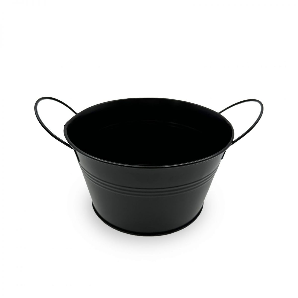 Black metal bucket with handles and horizontal ridges, 18cm tapas dish accessory