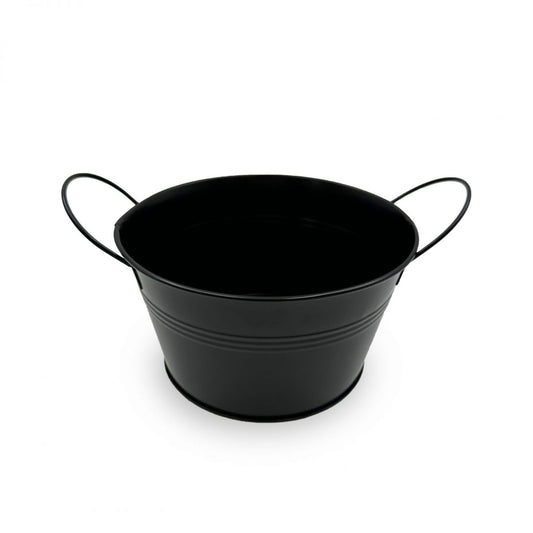 Black metal bucket with handles and horizontal ridges, 18cm tapas dish accessory