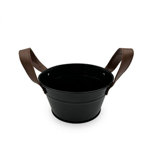 Black metal bucket with brown faux leather handles for tapas dish storage