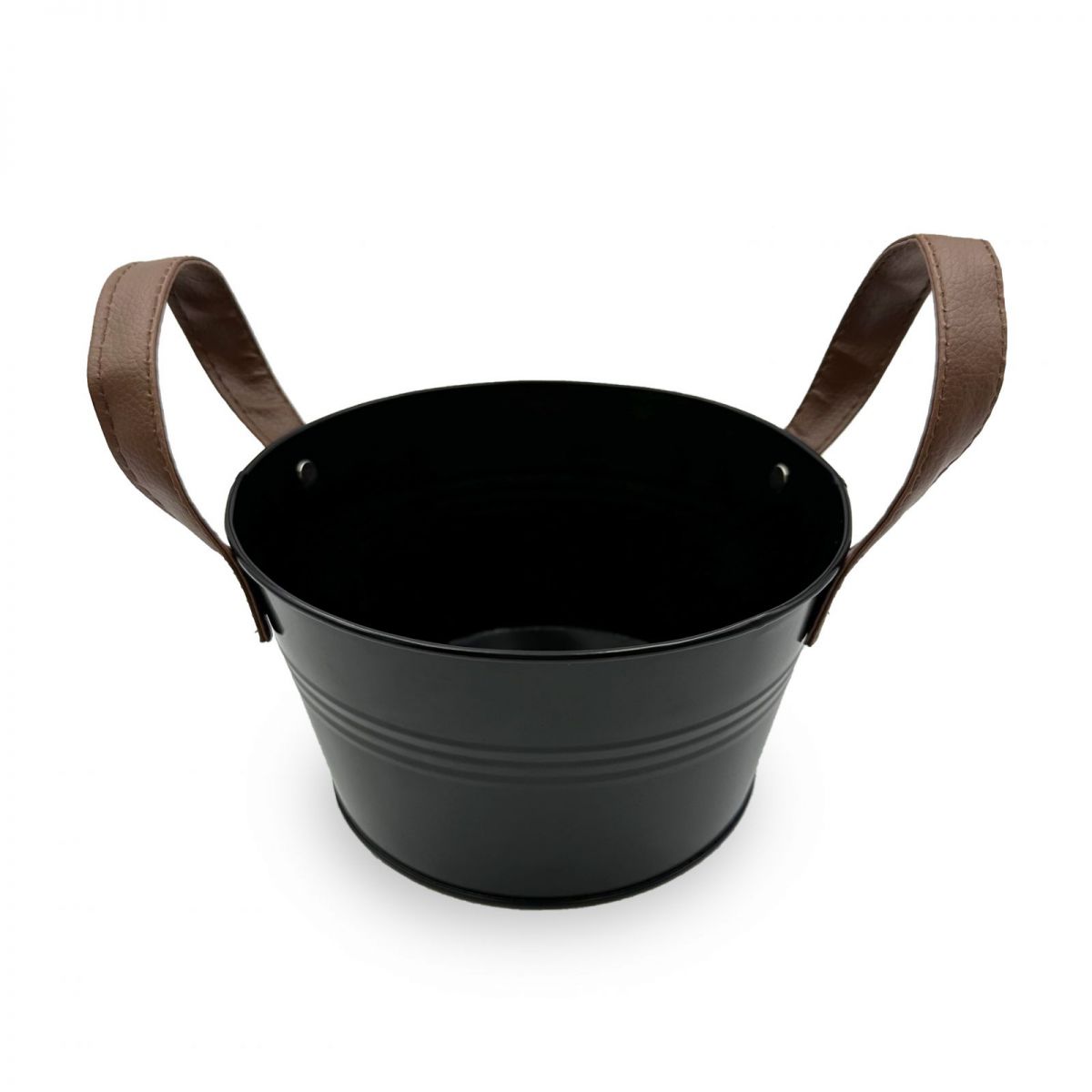 Black metal bucket with two brown leather handles for tapas serving 18cm