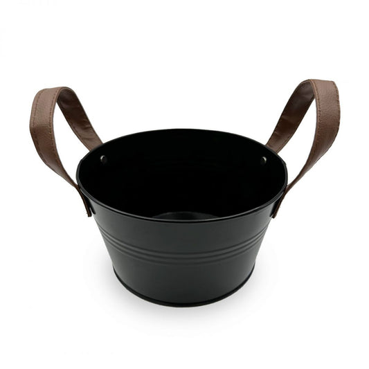 Black metal bucket with two brown leather handles for tapas serving 18cm