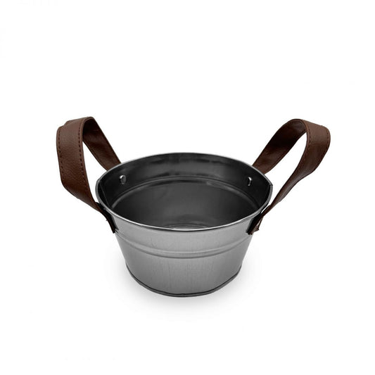 Galvanized metal bucket with brown faux leather handles for tapas serving 15cm