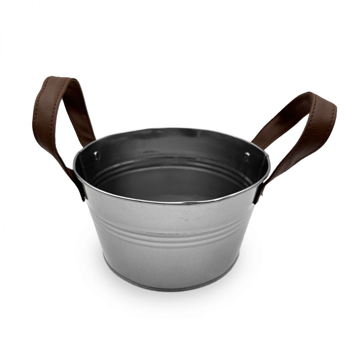 Galvanized metal bucket with brown leather handles for tapas serving
