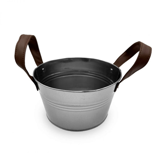 Galvanized metal bucket with brown leather handles for tapas serving