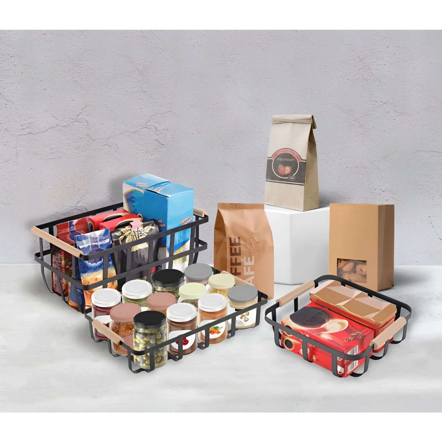 Metal Wood Storage kitchen home basket 36x24.3x8cm Confortime