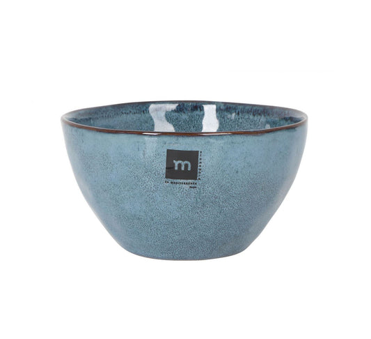 Teal-blue ceramic bowl with textured speckled exterior and glossy interior for serving