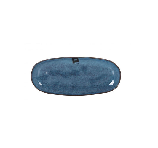 Blue ceramic oval serving dish with textured glaze and dark brown rim for tapas or starters