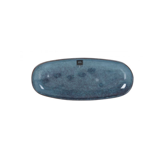 Glazed stoneware oval platter in mottled teal-blue for serving starters and tapas
