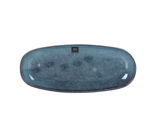 Dark blue oval ceramic serving platter with textured glaze and subtle rim for desserts or tapas
