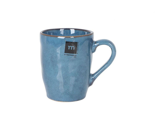 Blue ceramic mug with speckled finish and brown rim for coffee or tea
