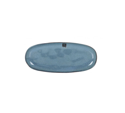 Blue ceramic oval serving platter with speckled texture for desserts and tapas