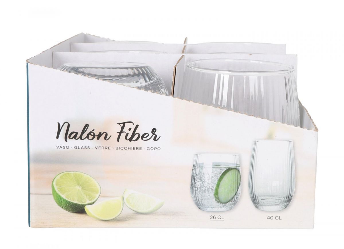 Display box with four Nalon Fiber 360ml clear glass tumblers for water and cocktails